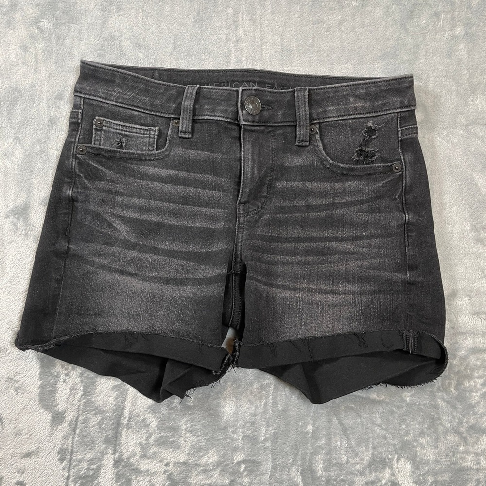 American Eagle Jean Shorts Womens Size 4 Midi Black Distressed Denim Raw Hem